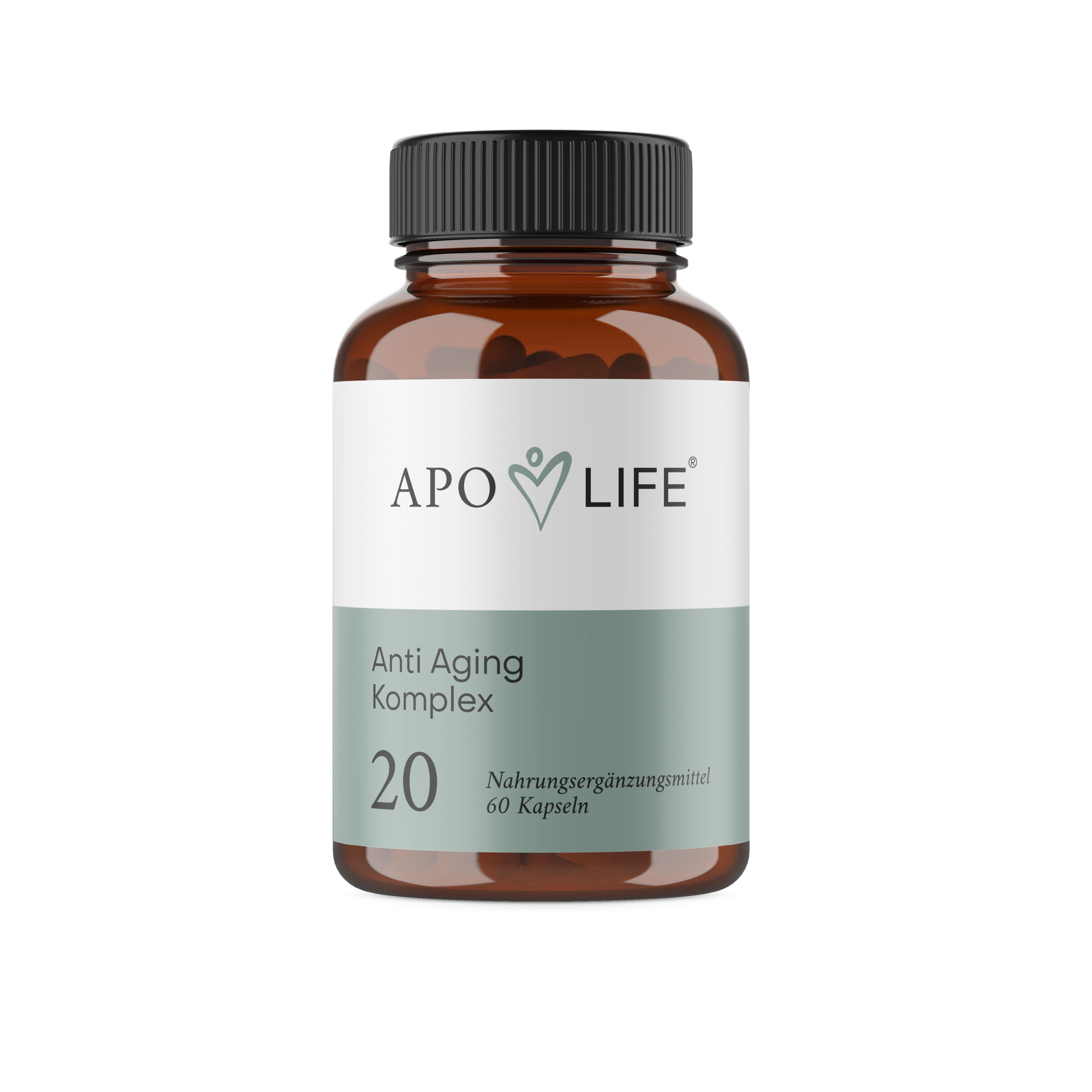 Braune Flasche mit schwarzem Deckel, beschriftet mit "APO LIFE Anti Aging Komplex 20 Nahrungsergänzungsmittel 60 Kapseln".